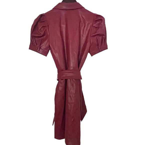 Rachel Parcell Red Vegan Leather Puff Sleeve Belted Collared Dress Size XXS NWT - Picture 7 of 8